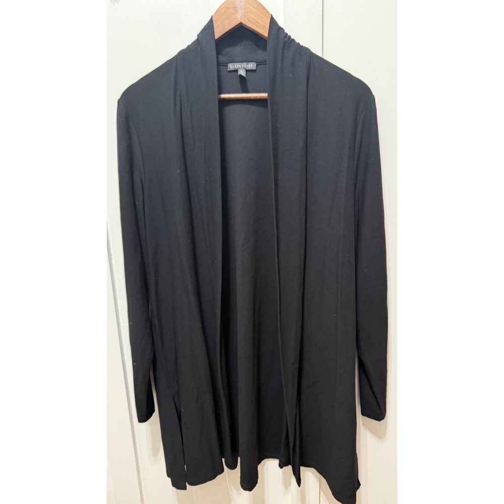 Eileen Fisher Womens Long Sleeve‎ Open Front Viscose Blend Cardigan Black Large